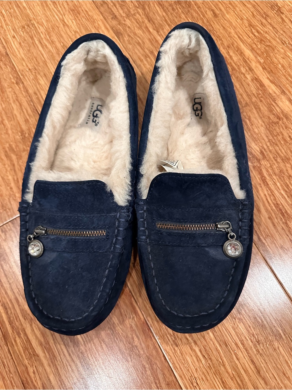 UGG Navy Suede Shearling-Lined Moccasin Slippers with Zipper Charm